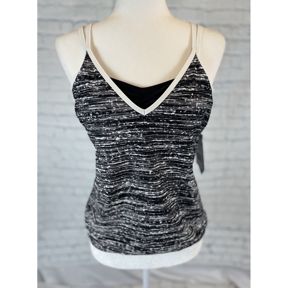 NEW Free Country Space Dye Blouson Tankini Swim Top Woman's Size S Black & White